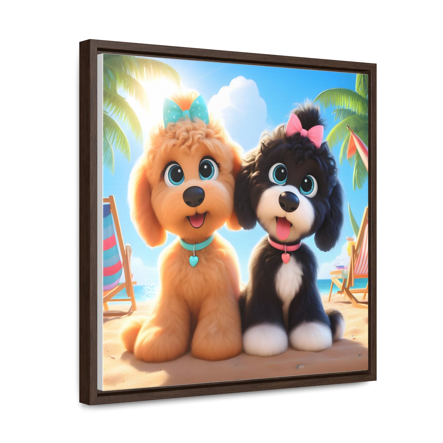 Doodle Puppies on Beach, Cartoon Inspired - Wooden Gallery Canvas Pictures - Square Frame - Nice!