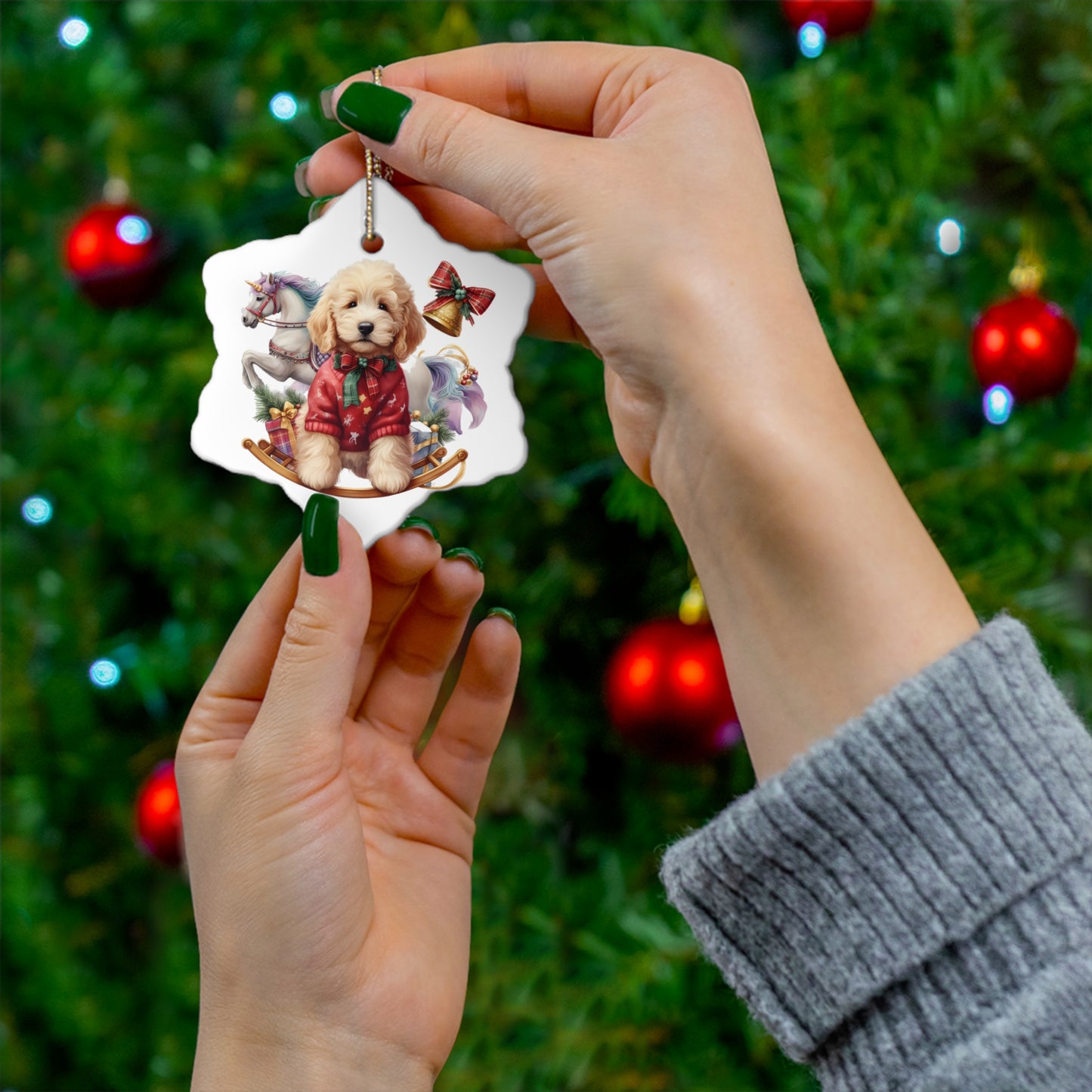 Christmas Doodle Puppy Ceramic Ornament, 4 Shapes