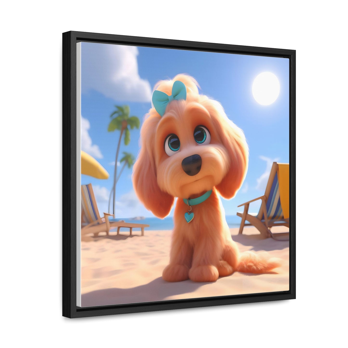 Doodle Cartoon Inspired Puppy w/Blue Collar & Bow - Wooden Gallery Canvas Picture - Square Frame - Nice!