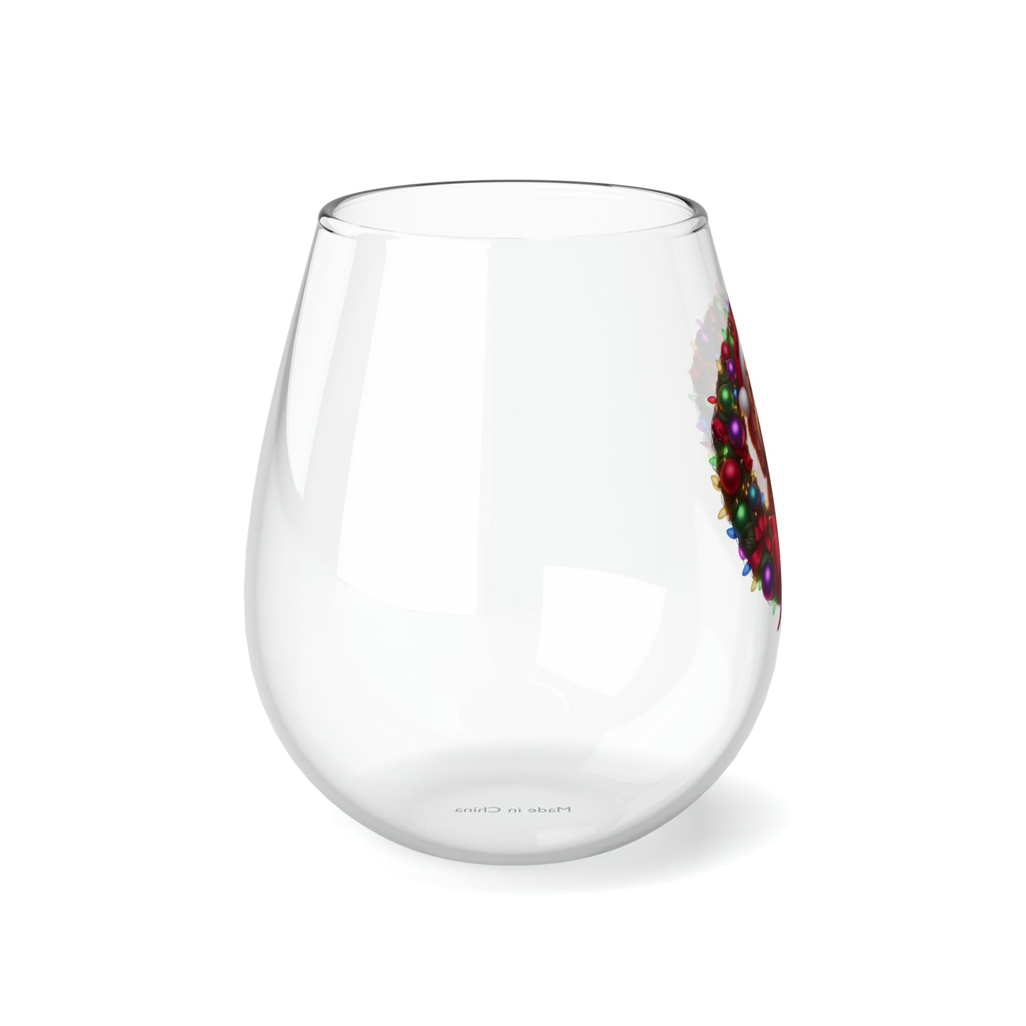 Red Doodle Christmas Wreath - Stemless Wine Glass, 11.75oz