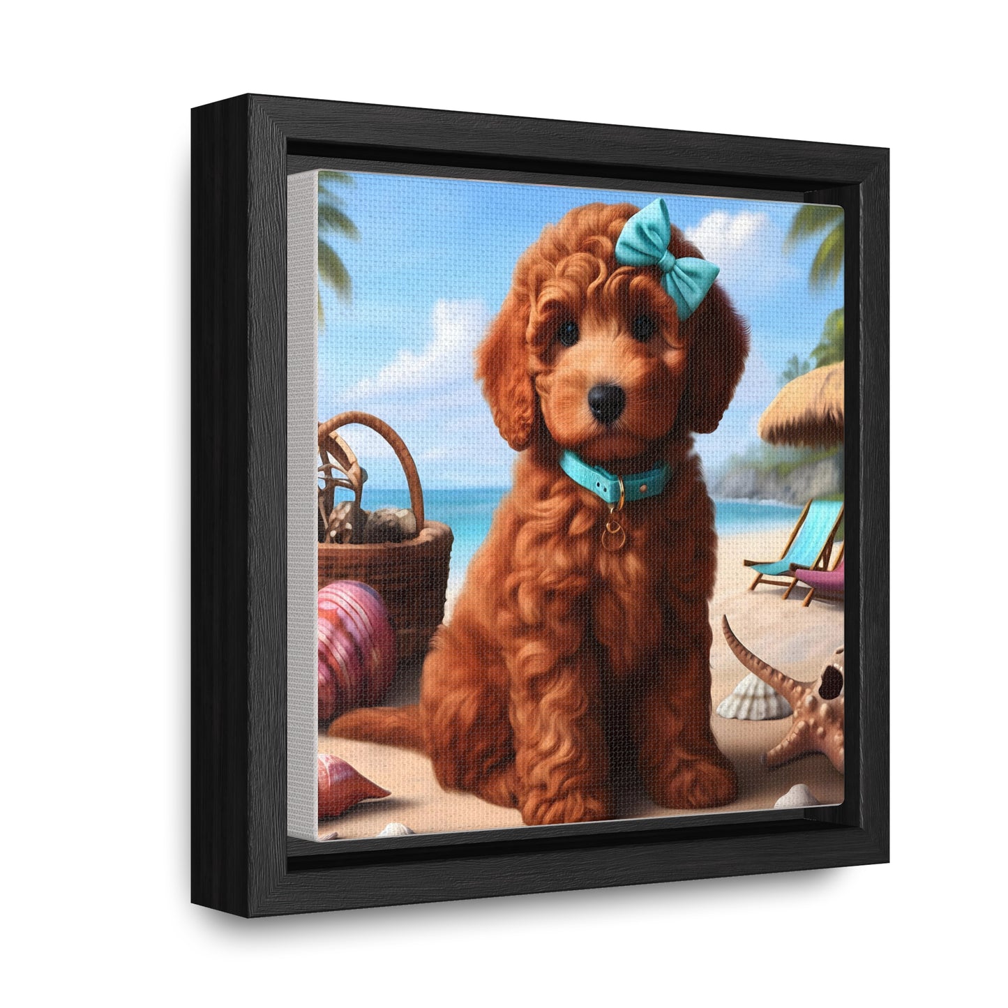 Red Doodle Puppy on Beach - Wooden Gallery Canvas Picture - Square Frame - Nice!