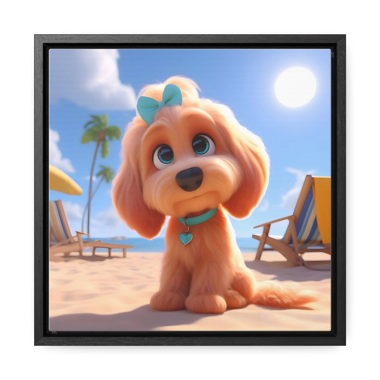 Doodle Cartoon Inspired Puppy w/Blue Collar & Bow - Wooden Gallery Canvas Picture - Square Frame - Nice!