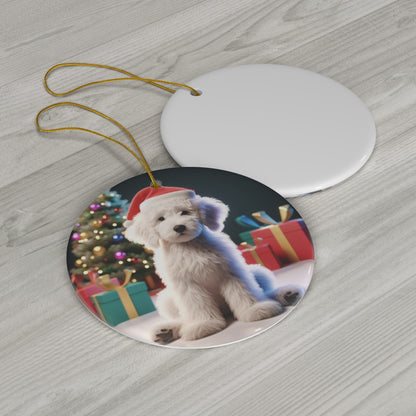 Christmas White Doodle Puppy Ceramic Ornament