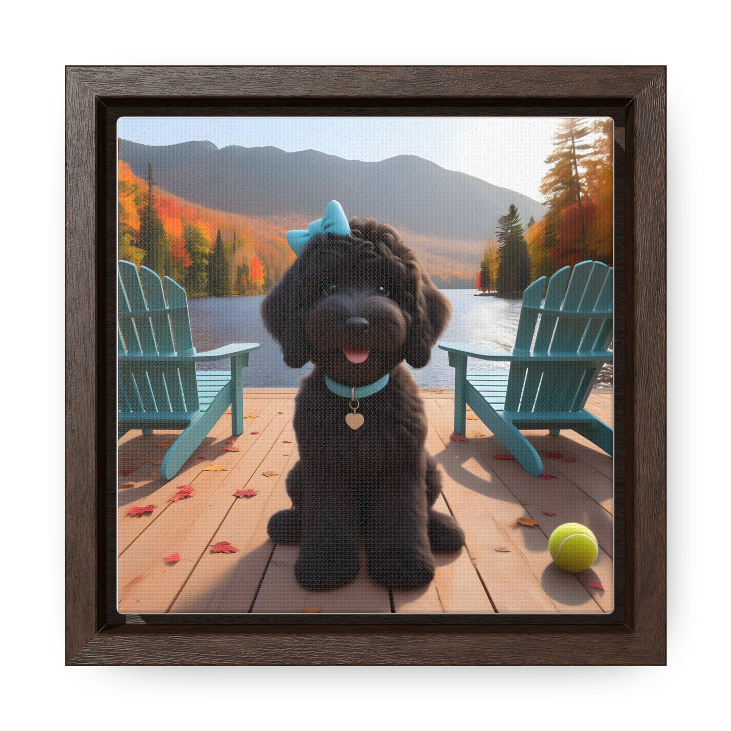 Black Doodle on Dock by Lake - Wooden Gallery Canvas Picture - Square Frame - Nice!