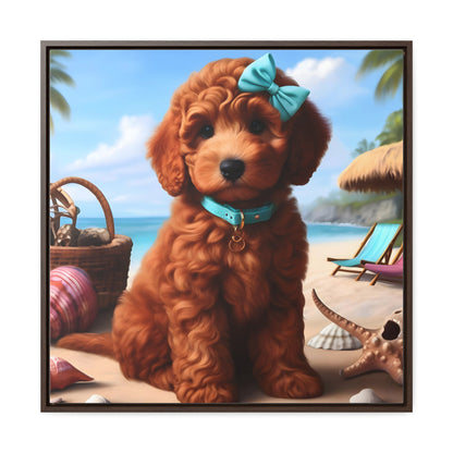 Red Doodle Puppy on Beach - Wooden Gallery Canvas Picture - Square Frame - Nice!