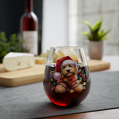 Christmas Doodle Puppy w/Lights Stemless Wine Glass, 11.75oz