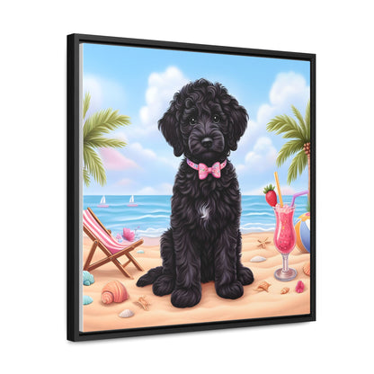 Black Doodle Puppy Cartoon Inspired - Wooden Gallery Canvas Picture - Square Frame - Nice!