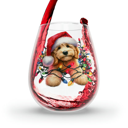 Christmas Doodle Puppy w/Lights Stemless Wine Glass, 11.75oz