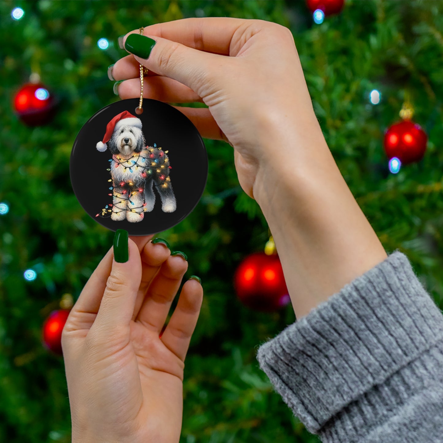 Sheepadoodle Christmas Ceramic Ornament, 3 Shapes