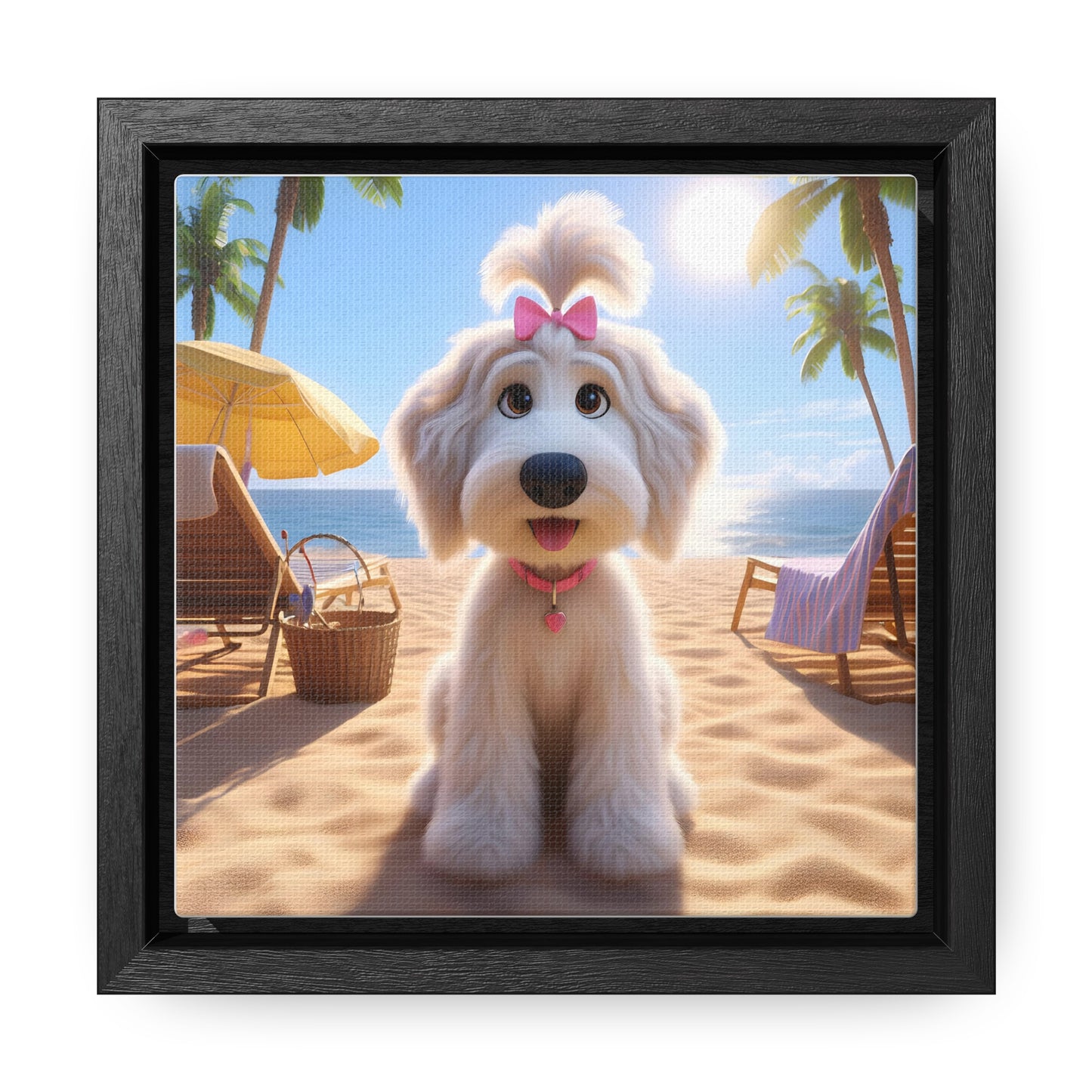 White Doodle Puppy Cartoon Inspired w/Pink Bow - Wooden Gallery Canvas - Square Frame - Nice!