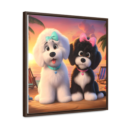 Doodle Puppies on Beach, Cartoon Inspired - Wooden Gallery Canvas Picture - Square Frame - Nice!