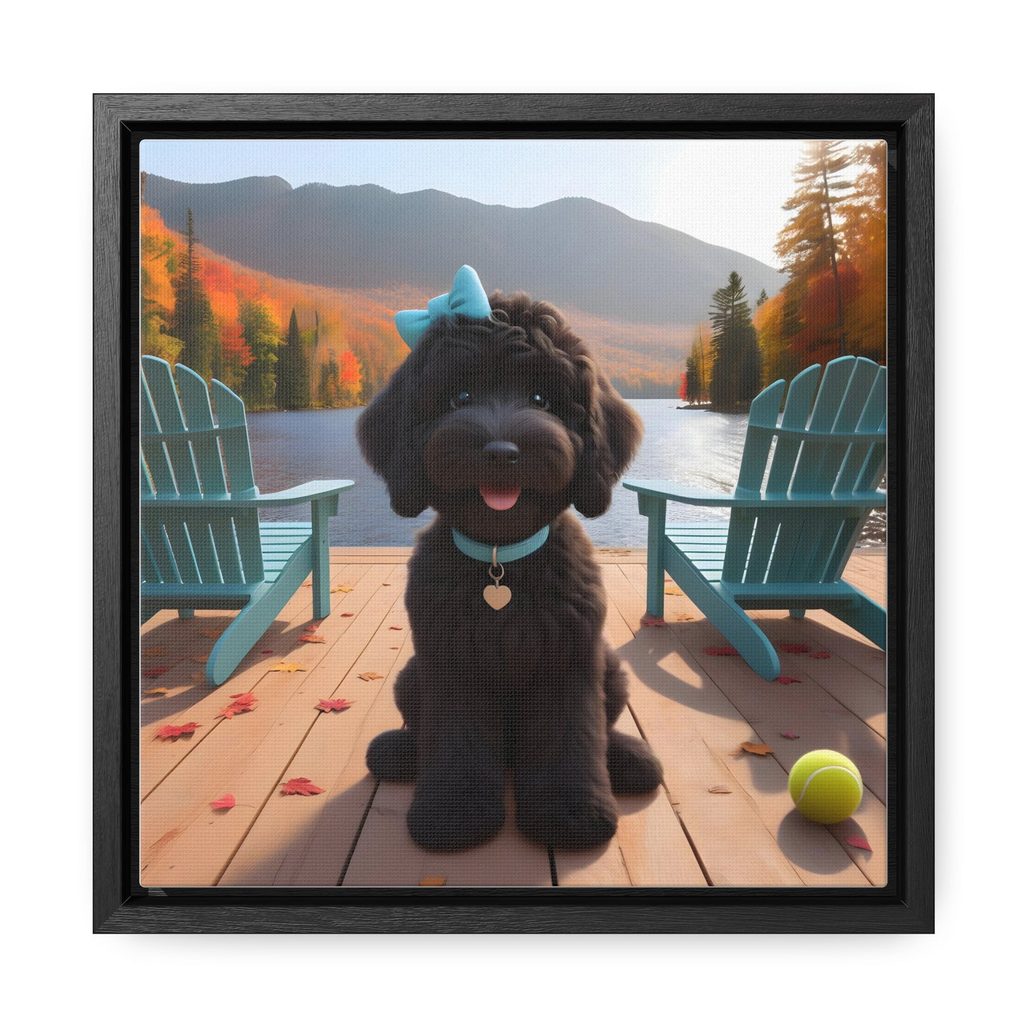 Black Doodle on Dock by Lake - Wooden Gallery Canvas Picture - Square Frame - Nice!