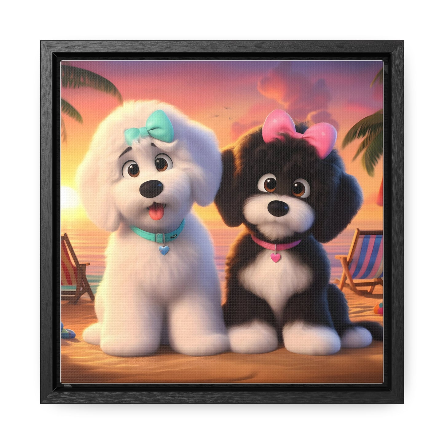 Doodle Puppies on Beach, Cartoon Inspired - Wooden Gallery Canvas Picture - Square Frame - Nice!