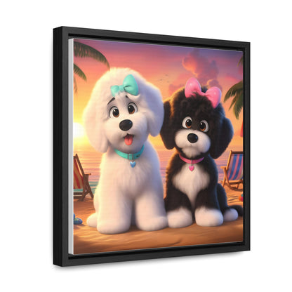 Doodle Puppies on Beach, Cartoon Inspired - Wooden Gallery Canvas Picture - Square Frame - Nice!