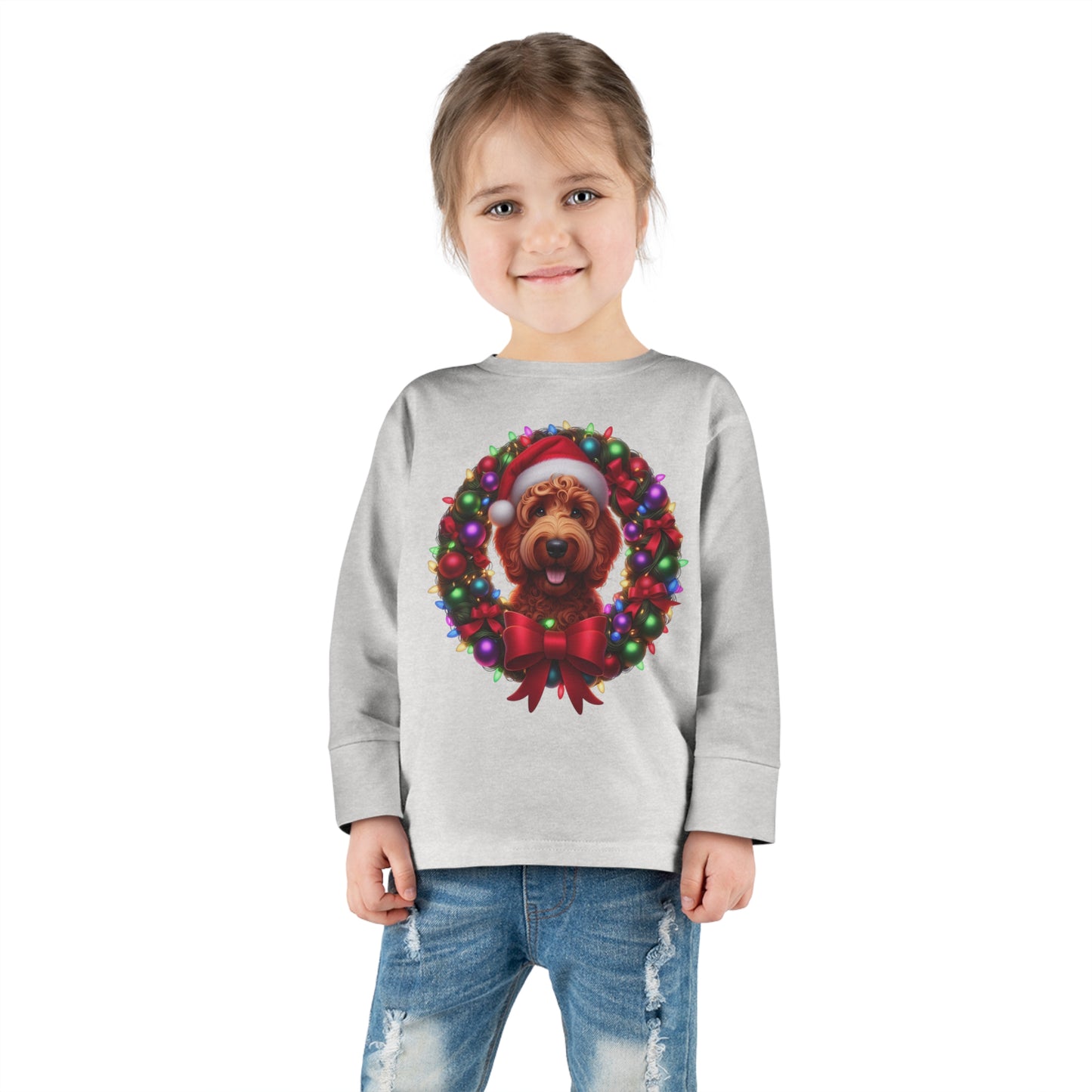 Red Doodle Christmas Wreath - Toddler Long Sleeve T Shirt