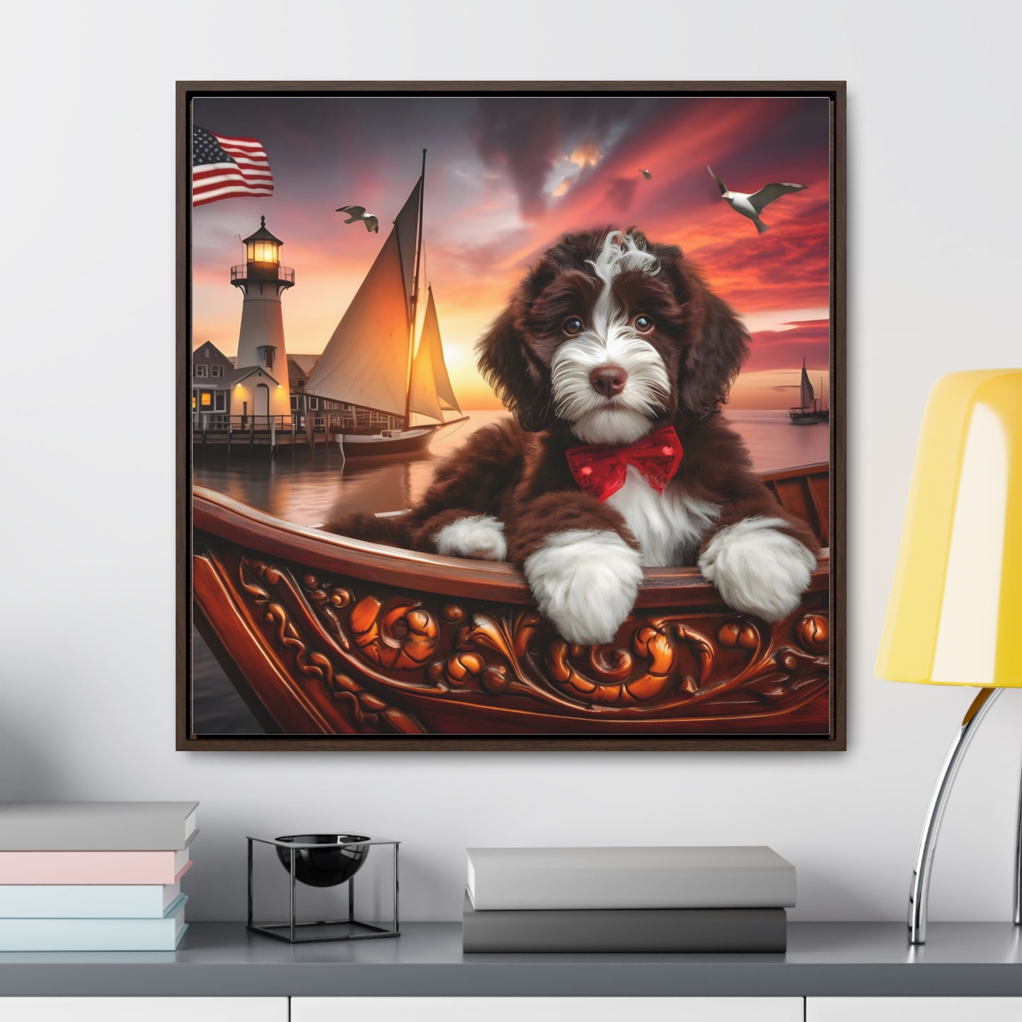 Chocolate Doodle on Sailboat at Sunset - Wooden Gallery Canvas Picture - Square Frame - Nice!