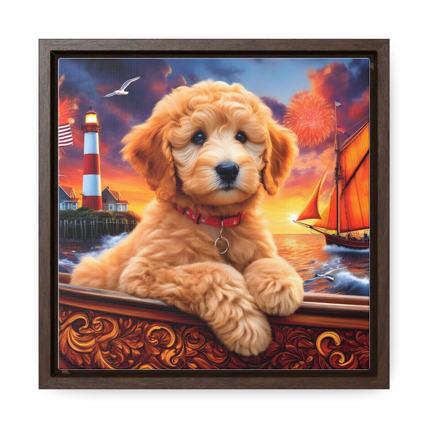 Apricot Doodle on Sailboat - Wooden Gallery Canvas Picture - Square Frame - Nice!