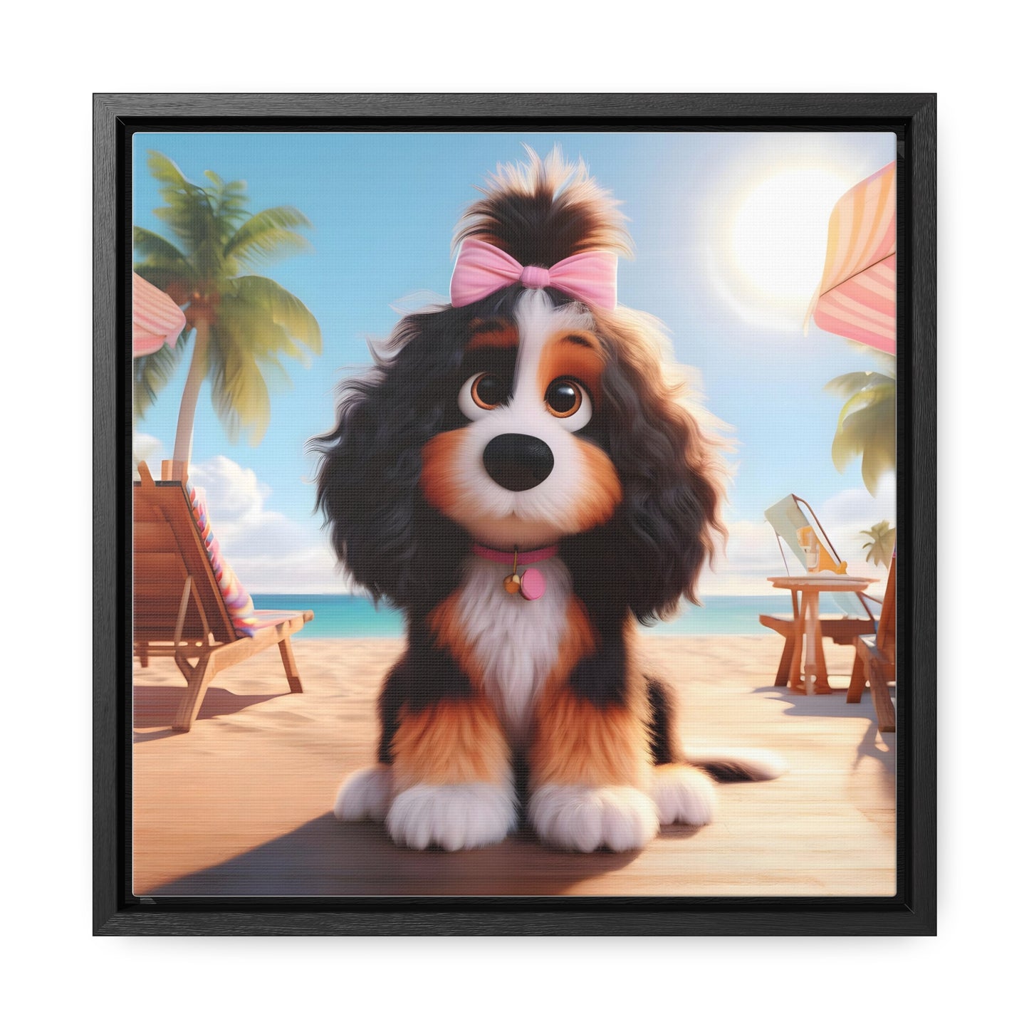 Bernedoodle Puppy, Cartoon Inspired - Wooden Gallery Canvas Picture - Square Frame - Nice!