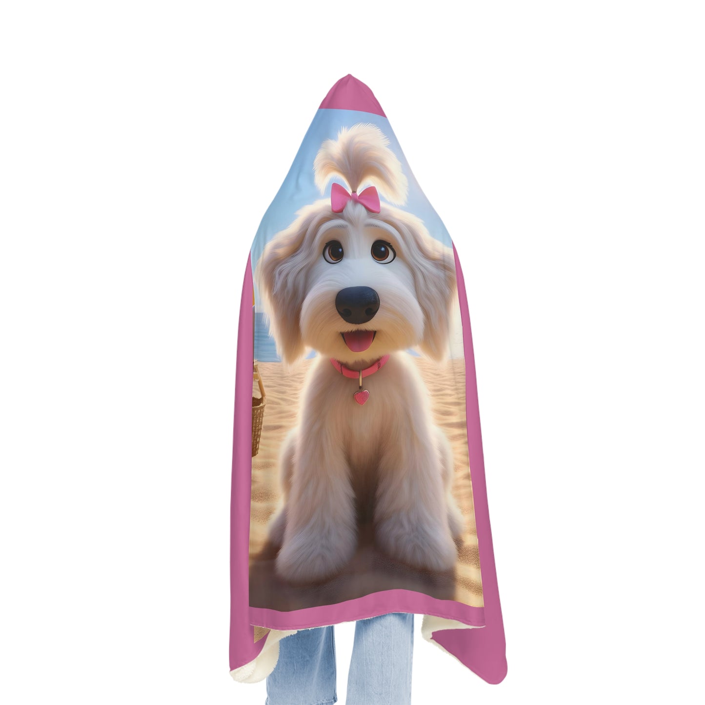 White Doodle Puppy Cartoon Inspired w/Pink Bow Hooded Snuggle Blanket