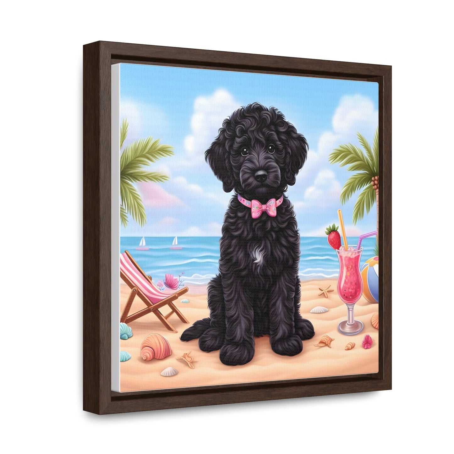 Black Doodle Puppy Cartoon Inspired - Wooden Gallery Canvas Picture - Square Frame - Nice!