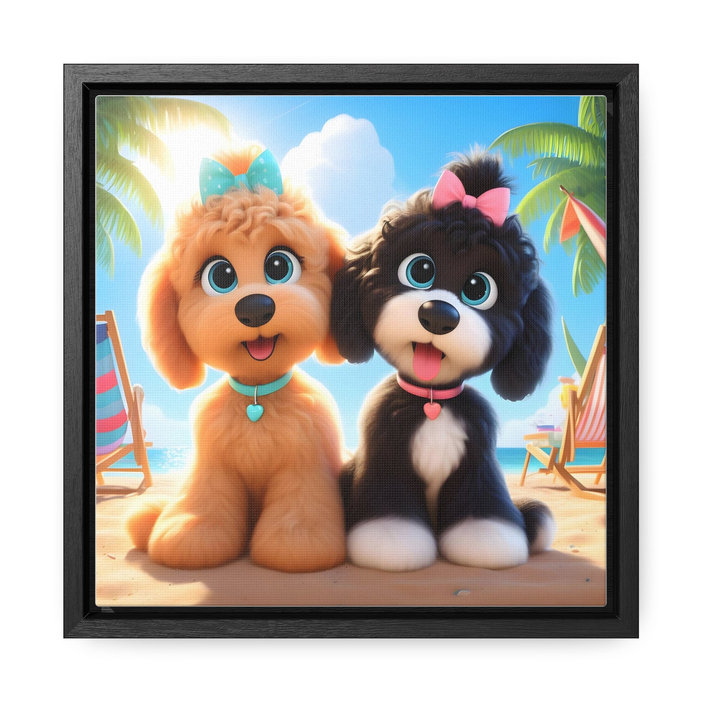 Doodle Puppies on Beach, Cartoon Inspired - Wooden Gallery Canvas Pictures - Square Frame - Nice!