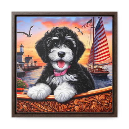 Black and White Doodle on Sailboat at Sunset - Wooden Gallery Canvas Picture - Square Frame - Nice!