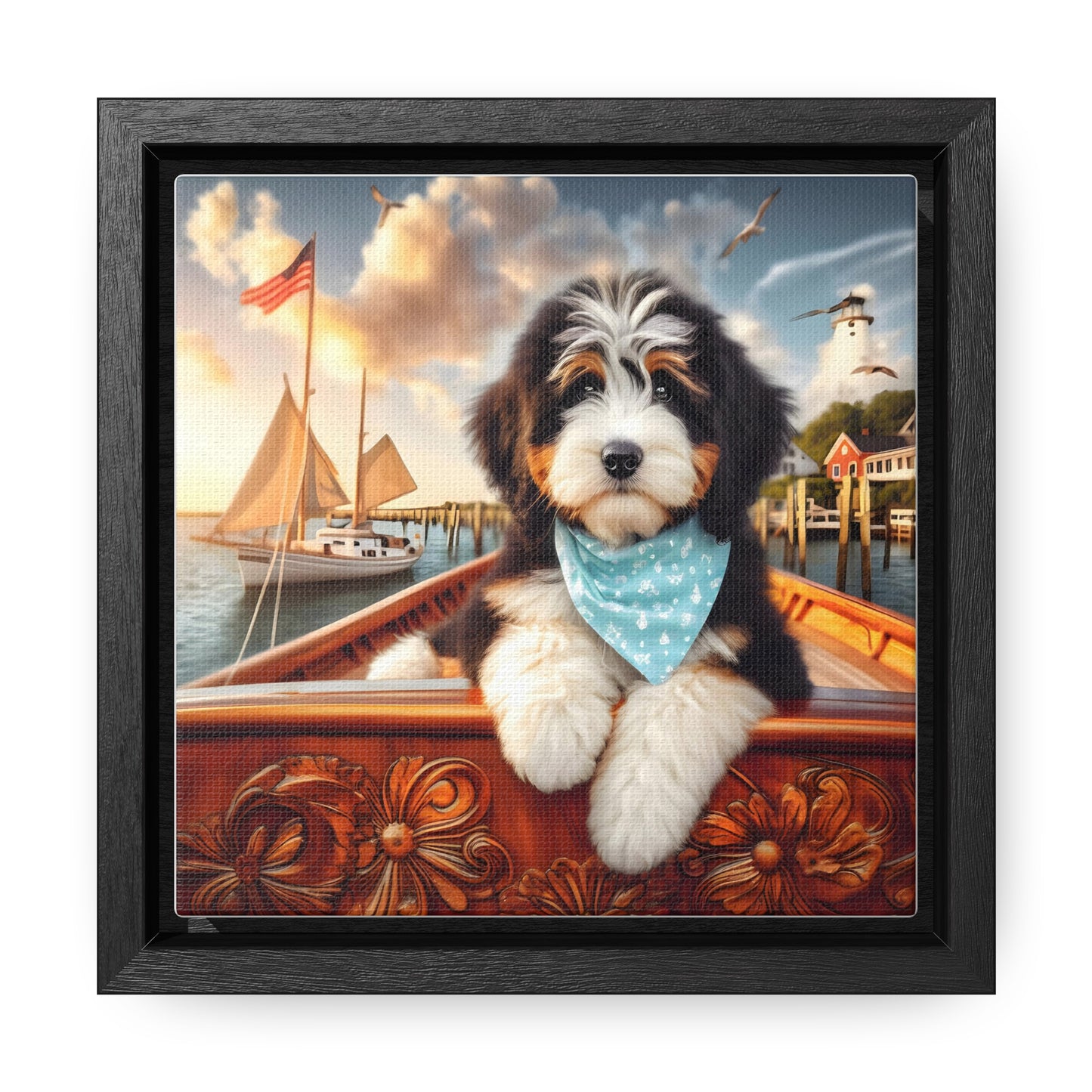 Bernedoodle on Sailboat - Wooden Gallery Canvas Picture - Square Frame - Nice!