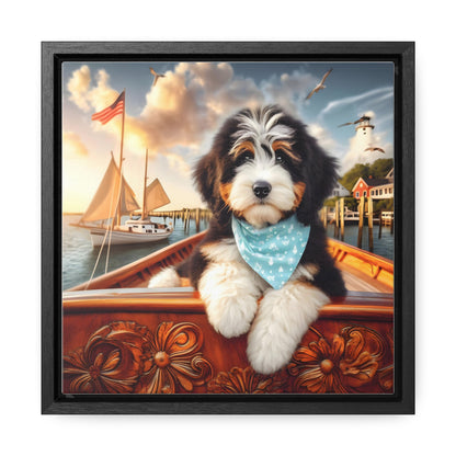 Bernedoodle on Sailboat - Wooden Gallery Canvas Picture - Square Frame - Nice!