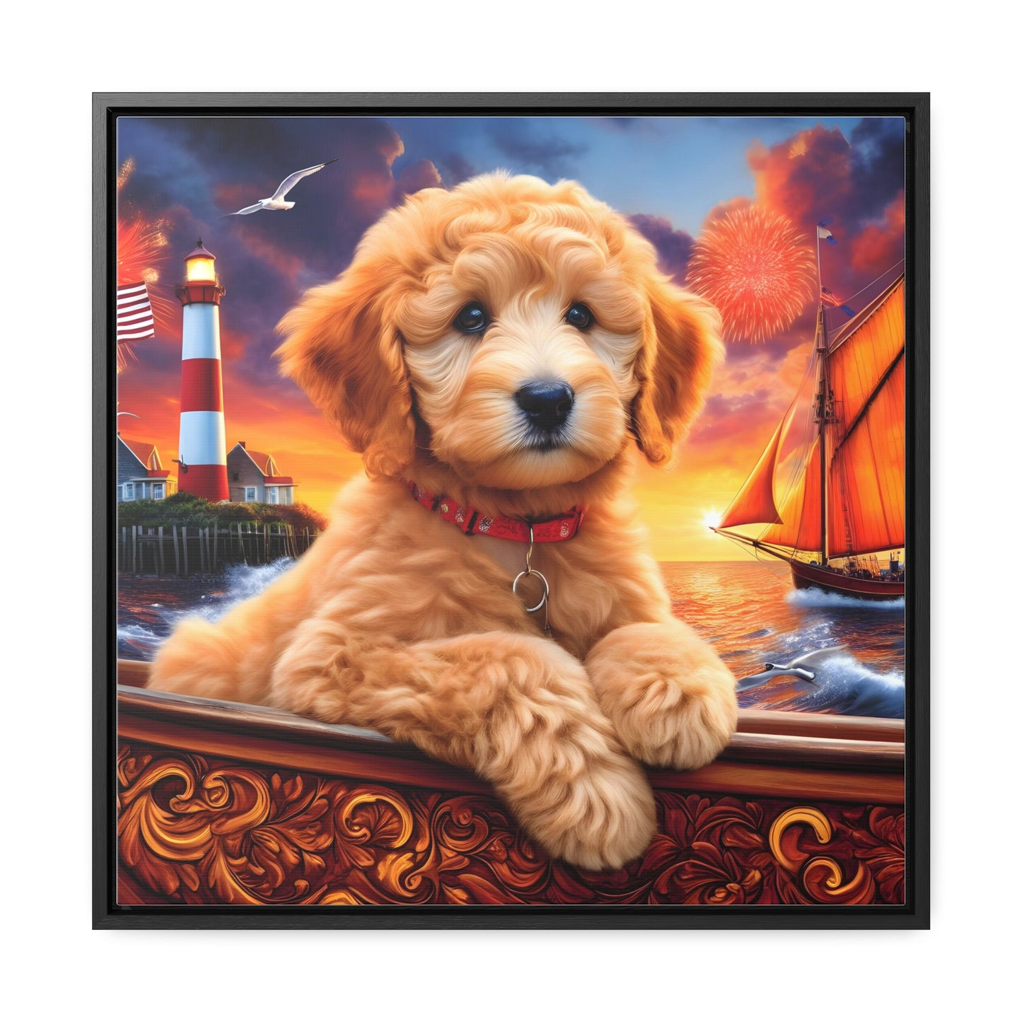 Apricot Doodle on Sailboat - Wooden Gallery Canvas Picture - Square Frame - Nice!