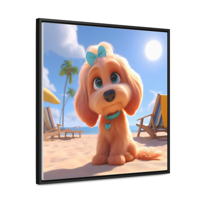 Doodle Cartoon Inspired Puppy w/Blue Collar & Bow - Wooden Gallery Canvas Picture - Square Frame - Nice!