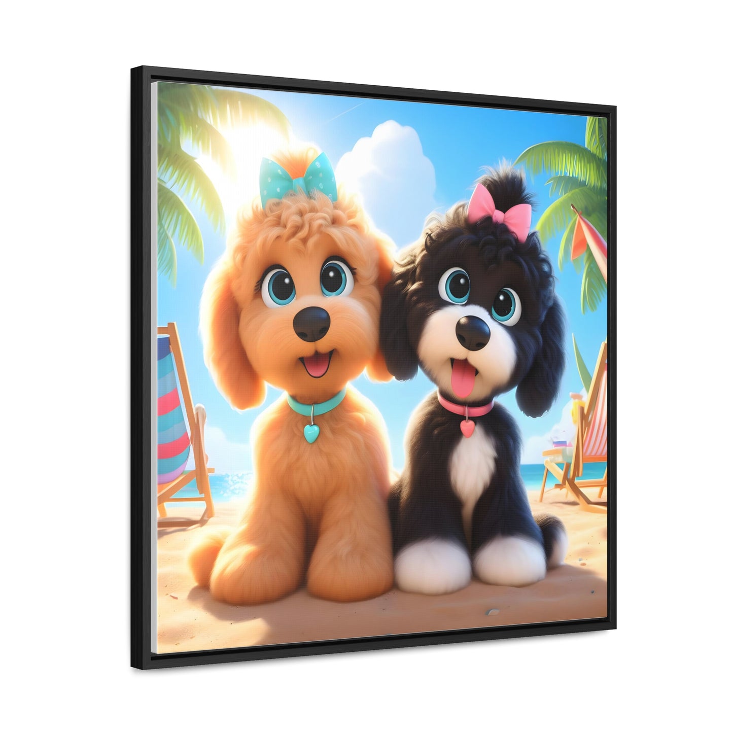 Doodle Puppies on Beach, Cartoon Inspired - Wooden Gallery Canvas Pictures - Square Frame - Nice!