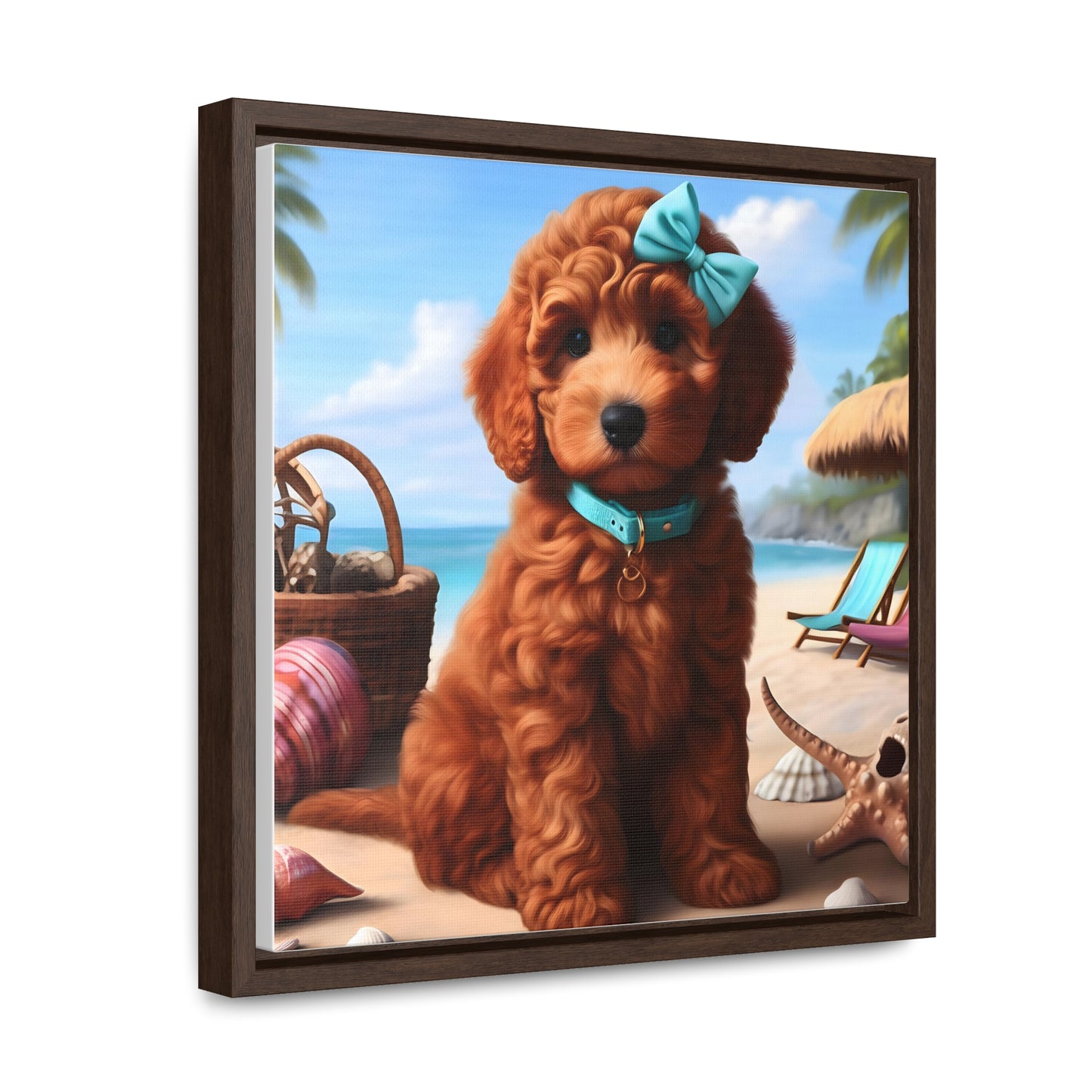 Red Doodle Puppy on Beach - Wooden Gallery Canvas Picture - Square Frame - Nice!