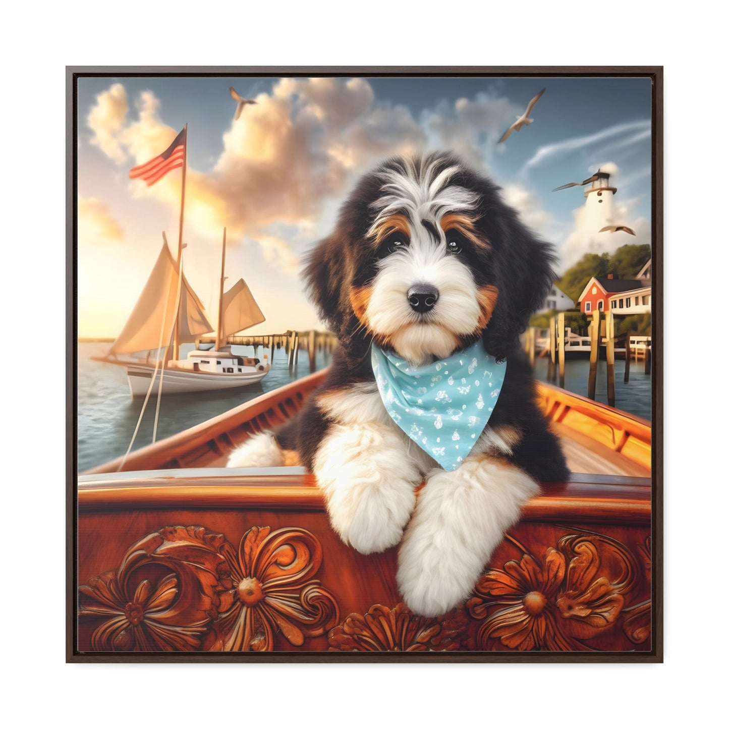 Bernedoodle on Sailboat - Wooden Gallery Canvas Picture - Square Frame - Nice!