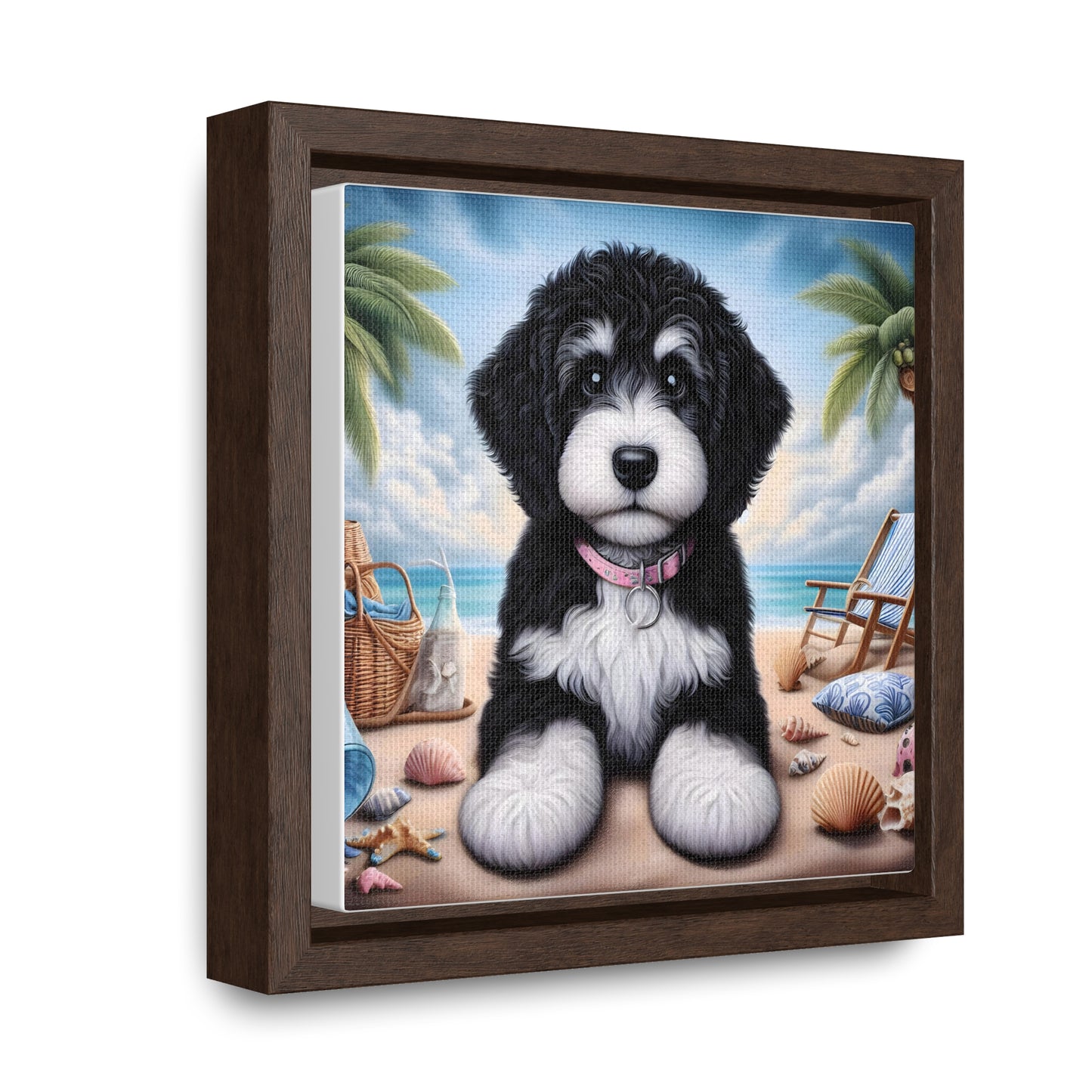 Black & White Doodle Puppy on Beach - Wooden Gallery Canvas Picture - Square Frame - Nice!