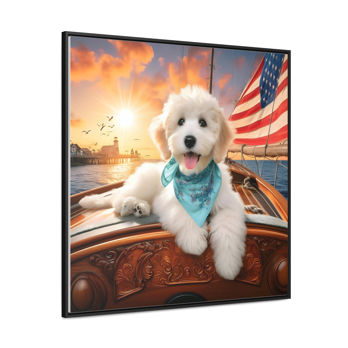 White Doodle on Sailboat at Sunset - Wooden Gallery Canvas Picture - Square Frame - Nice!