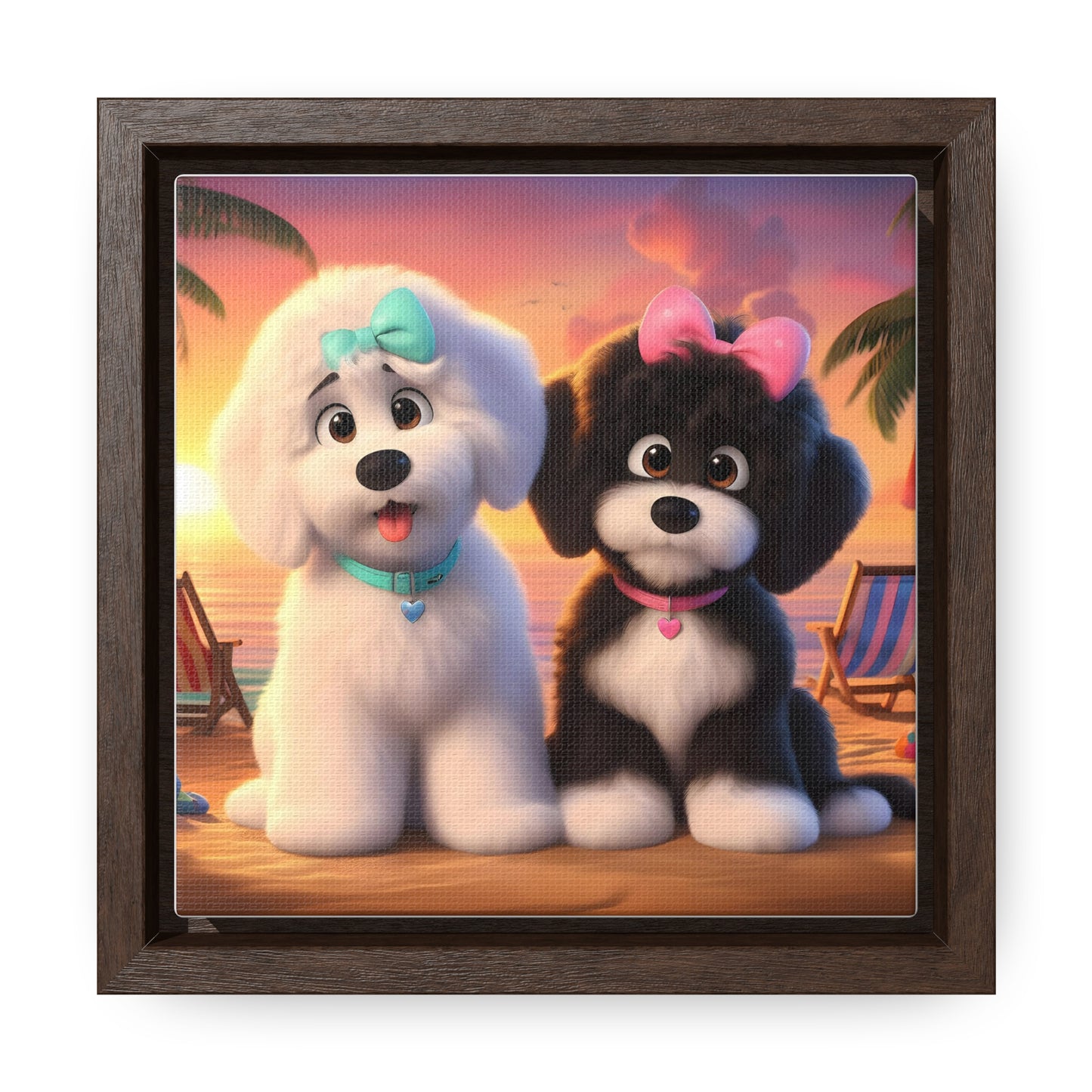 Doodle Puppies on Beach, Cartoon Inspired - Wooden Gallery Canvas Picture - Square Frame - Nice!