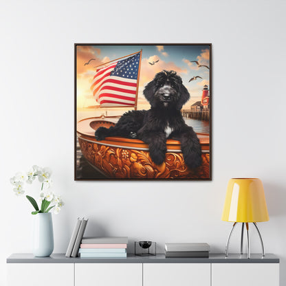 Black Doodle on Sailboat - Wooden Gallery Canvas Picture - Square Frame - Nice!