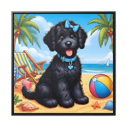 Black Doodle Puppy Cartoon Inspired - Wooden Gallery Canvas Picture - Square Frame - Nice!