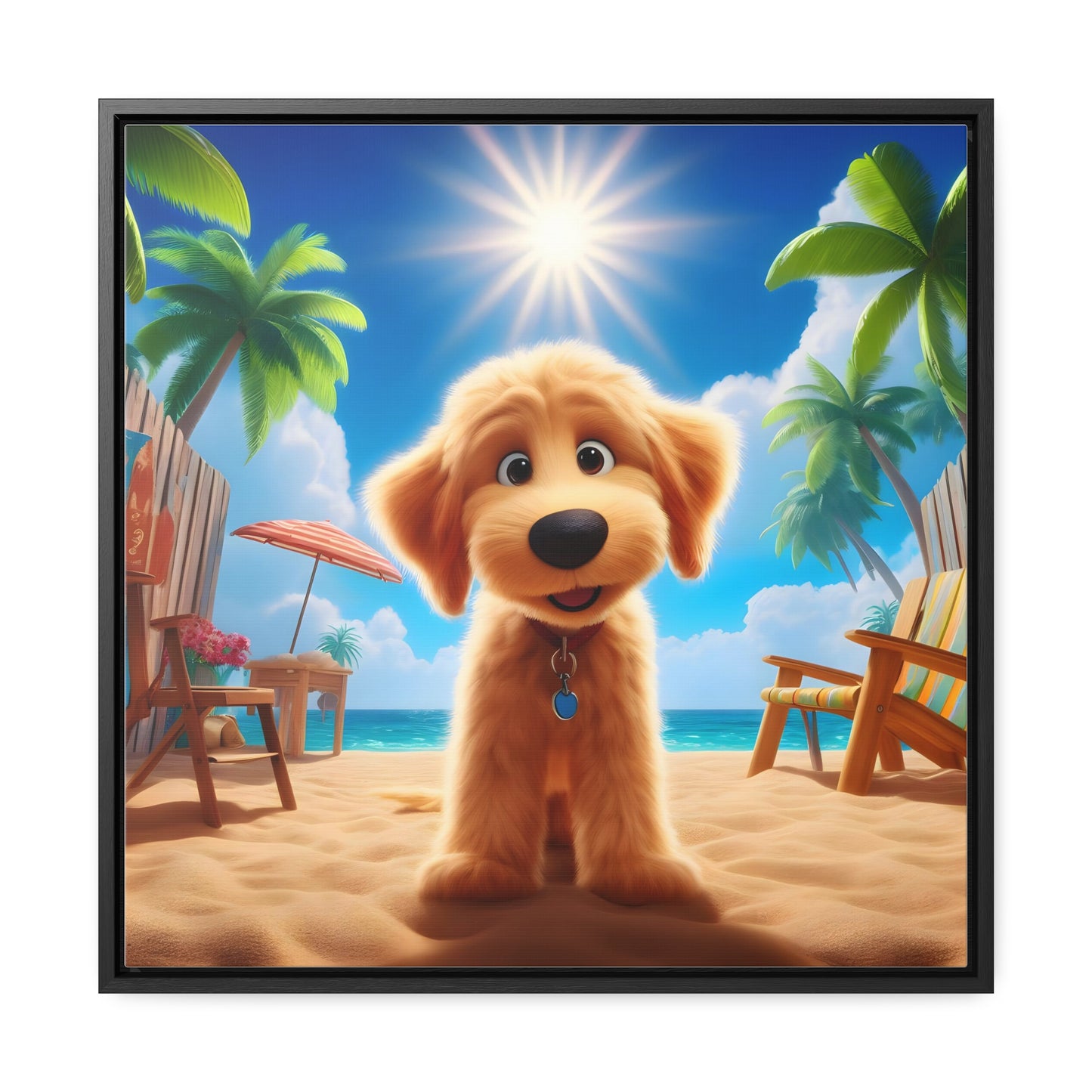 Doodle on Beach Cartoon Inspired - Wooden Gallery Canvas Picture - Square Frame - Nice!