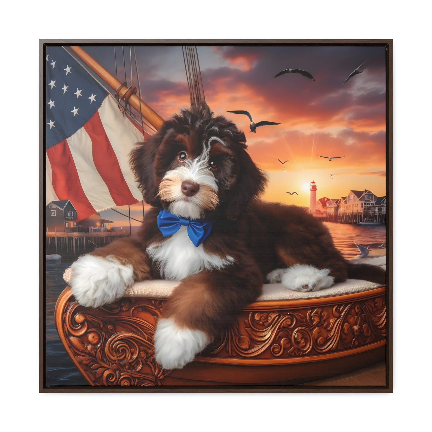 Brown and White Bernedoodle on Sailboat - Wooden Gallery Canvas Picture - Square Frame - Nice!