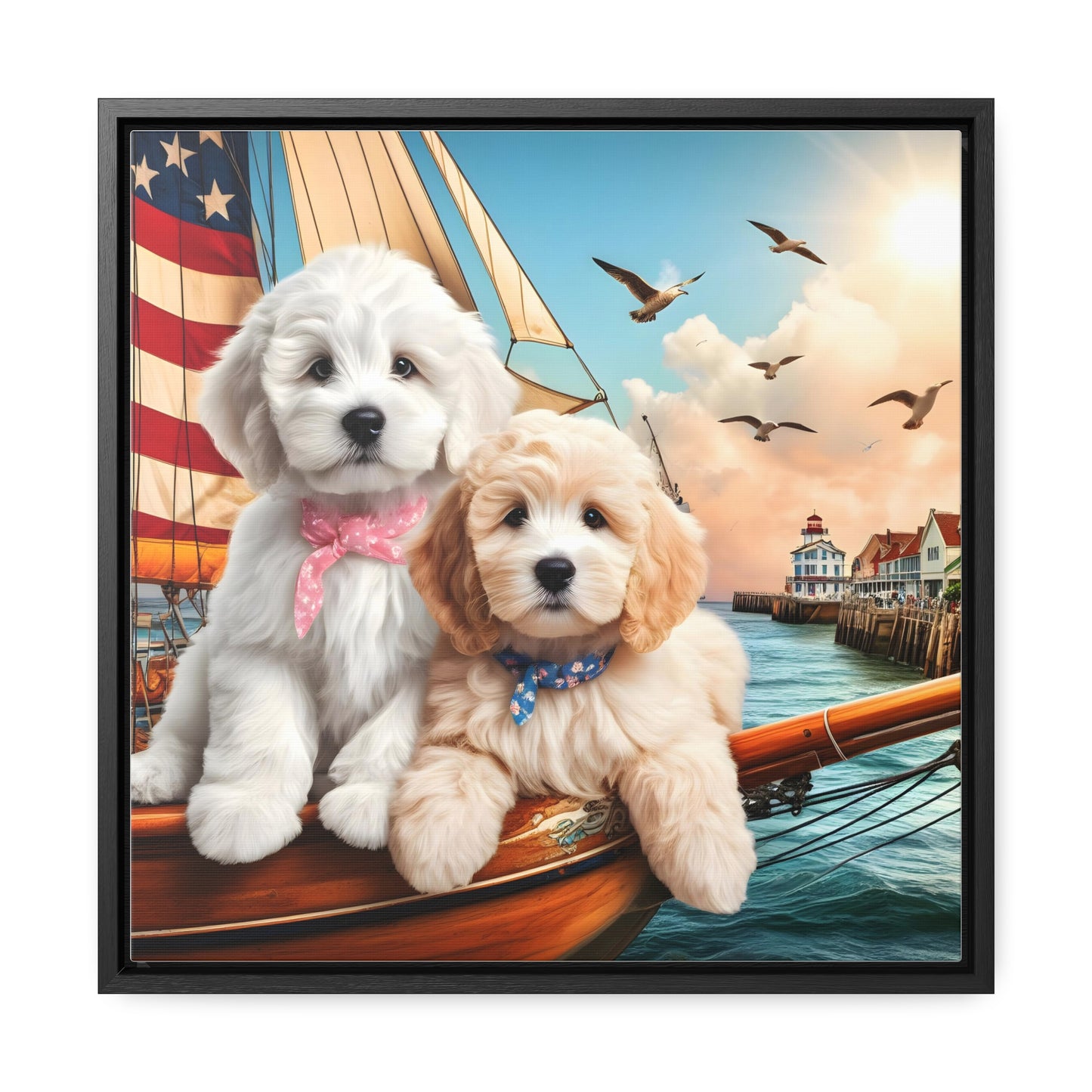 Doodles on Sailboat w/Sunset - Wooden Gallery Canvas Picture - Square Frame - Nice!