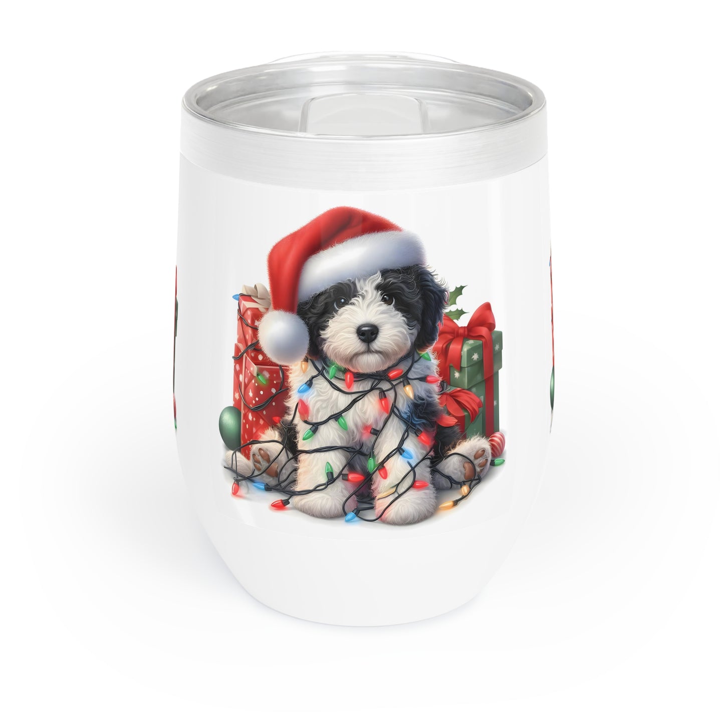 Black & White Doodle Christmas Puppy - Chill Wine Tumbler