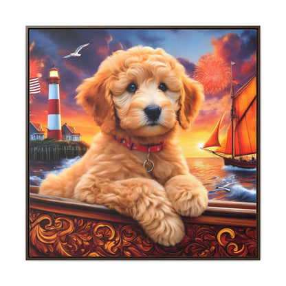 Apricot Doodle on Sailboat - Wooden Gallery Canvas Picture - Square Frame - Nice!