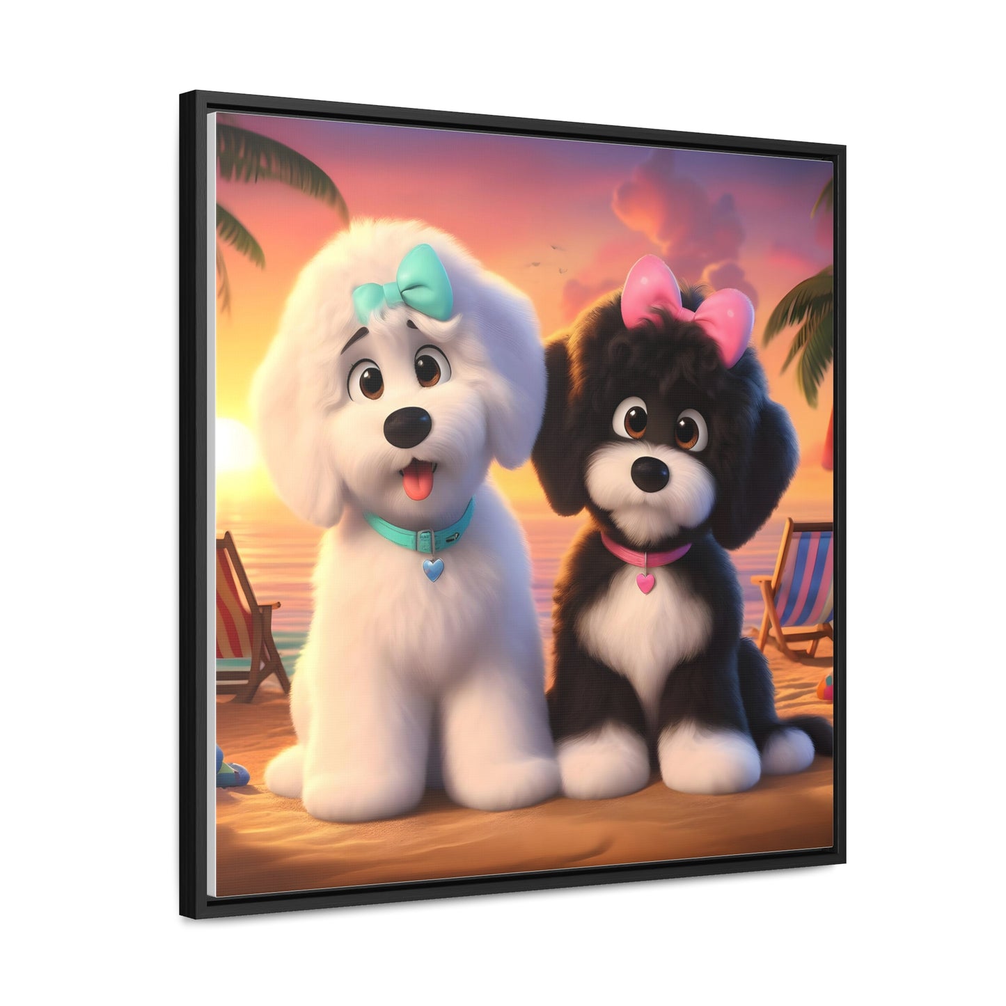 Doodle Puppies on Beach, Cartoon Inspired - Wooden Gallery Canvas Picture - Square Frame - Nice!