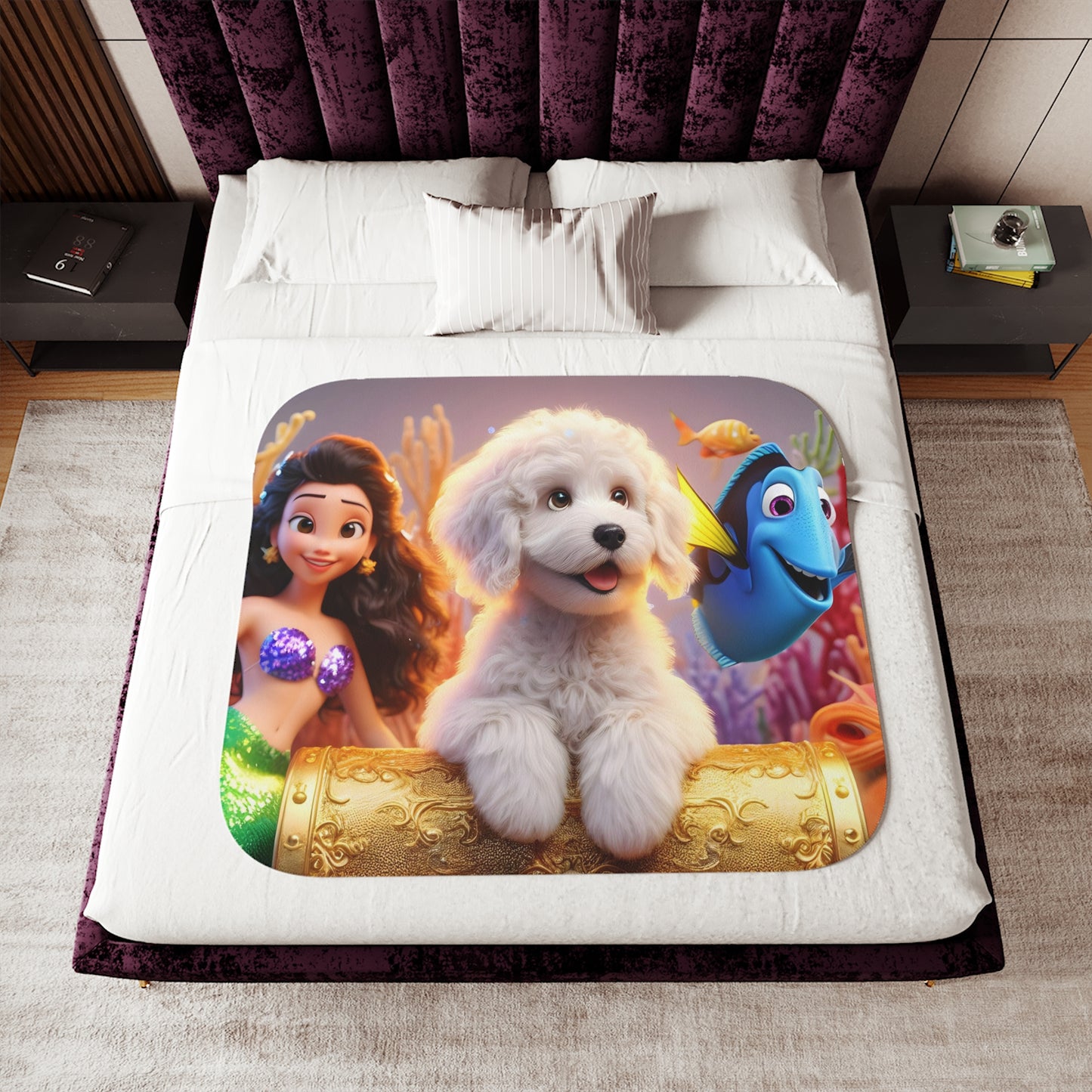 Doodle Mermaid Underwater Adorable Sherpa Blanket, Two Colors