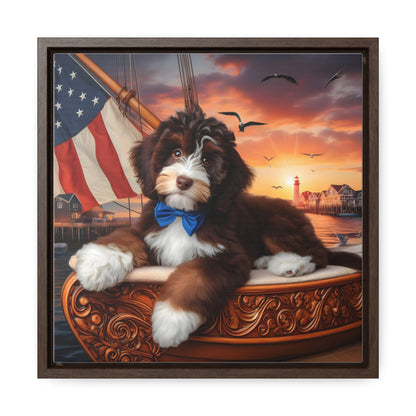 Brown and White Bernedoodle on Sailboat - Wooden Gallery Canvas Picture - Square Frame - Nice!