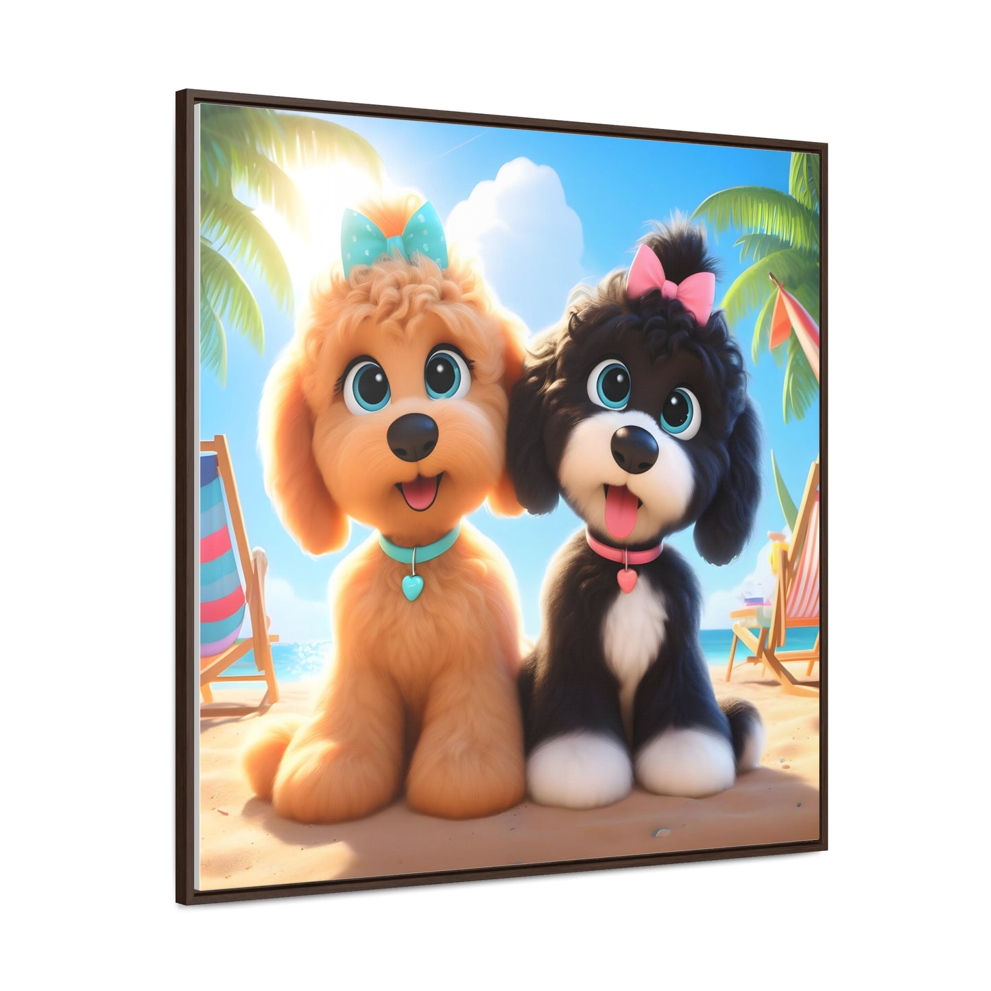 Doodle Puppies on Beach, Cartoon Inspired - Wooden Gallery Canvas Pictures - Square Frame - Nice!