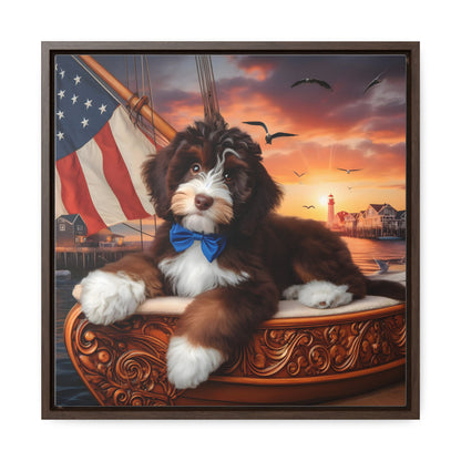 Brown and White Bernedoodle on Sailboat - Wooden Gallery Canvas Picture - Square Frame - Nice!