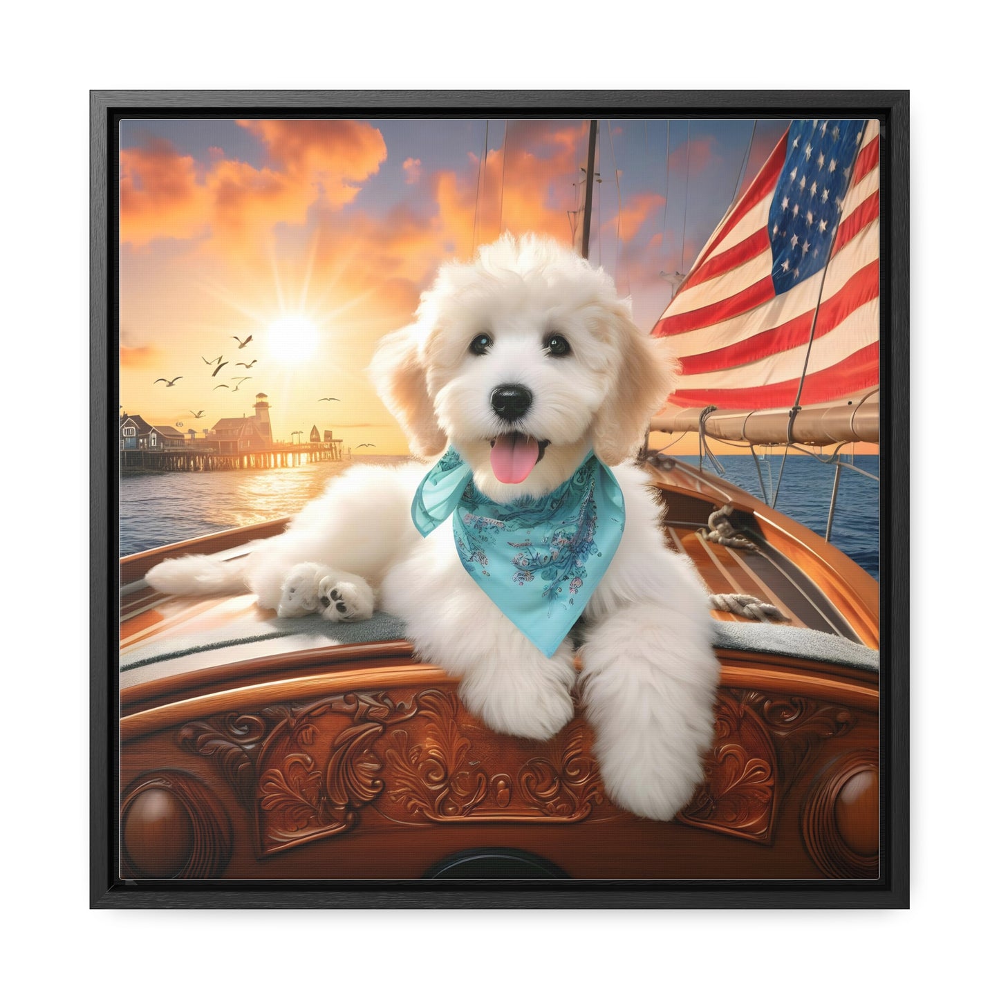 White Doodle on Sailboat at Sunset - Wooden Gallery Canvas Picture - Square Frame - Nice!