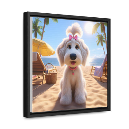 White Doodle Puppy Cartoon Inspired w/Pink Bow - Wooden Gallery Canvas - Square Frame - Nice!